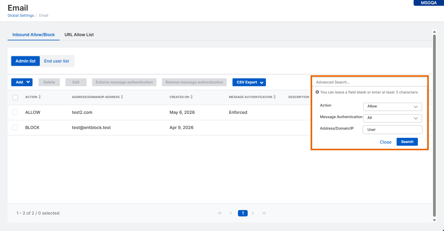 Option „Erweiterte Suche für Administratorliste“.