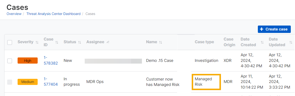 Spalte „Falltyp“ auf den Seiten „Fälle“.