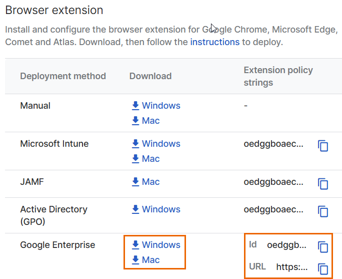 Google Enterprise-Erweiterungsdateien auf der Seite „Installers“.