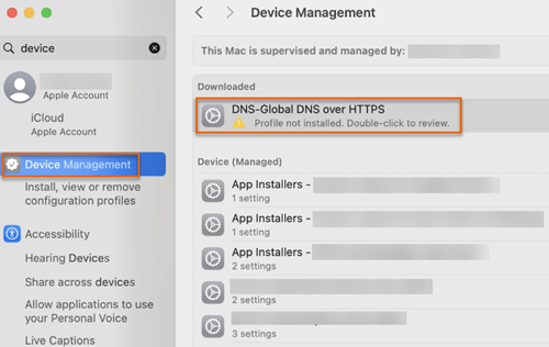 The "DNS-Global DNS over HTTPS" profile on the "Device management" screen.