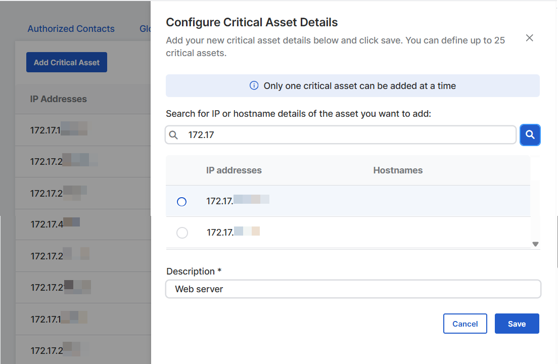 "Configure Critical Asset Details" slide-out.