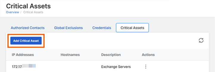 Critical Assets list with Add Critical Asset button highlighted.