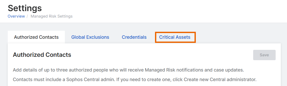 Settings page with the Critical Assets tab highlighted.