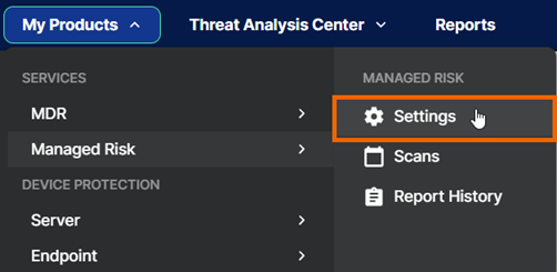 Managed Risk Settings menu.