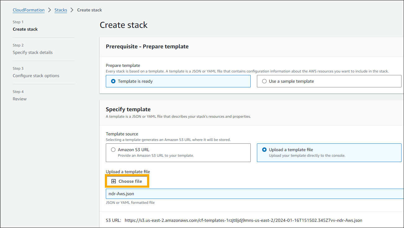"Create stack" page showing choice of template file.