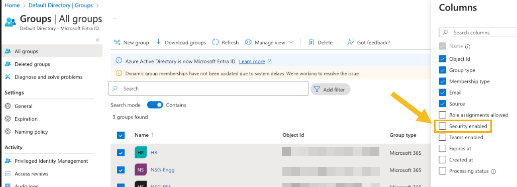 Select security enabled column.