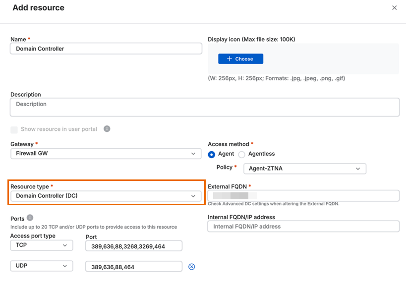 Resource type set to domain controller.