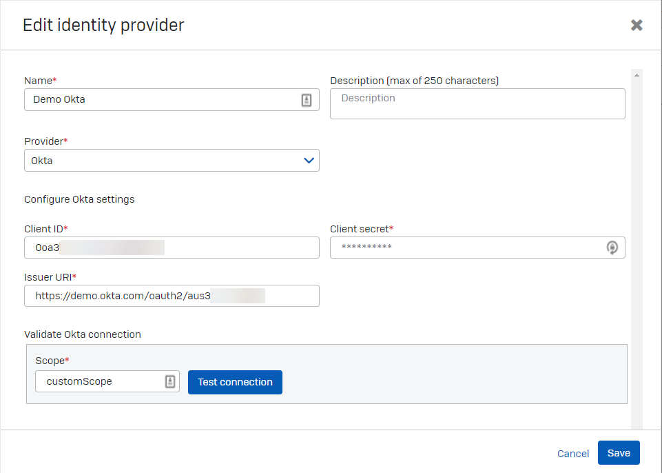 Identity Provider Azure details.