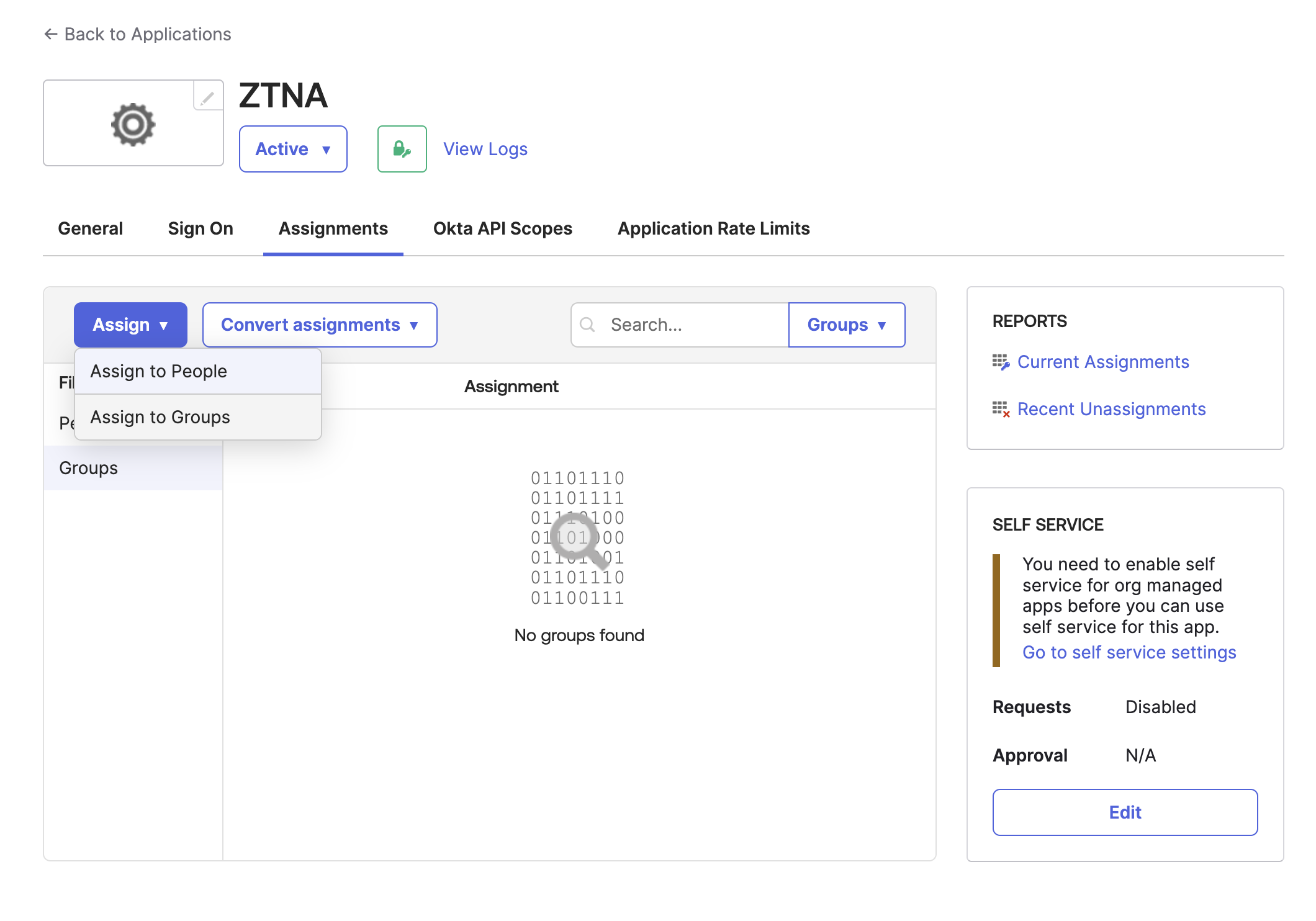 Okta Assignments tab.