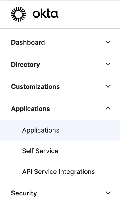 Okta dashboard menu.