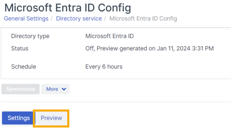 Microsoft Entra ID synchronization Preview tab.