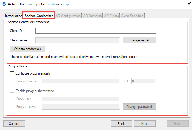 Proxy settings area in Active Directory Synchronization Setup.