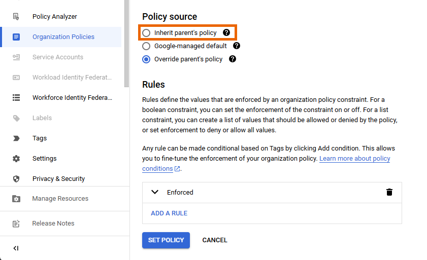 Select the Inherit parent's policy option.