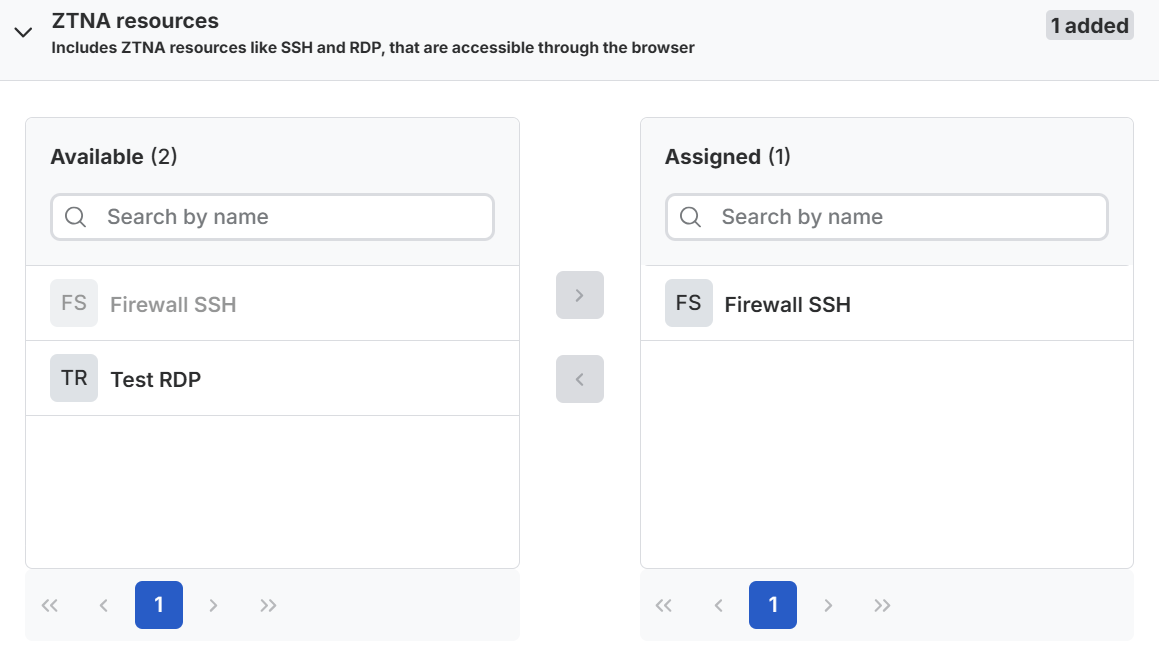 ZTNA resources picker, showing assigned resources.
