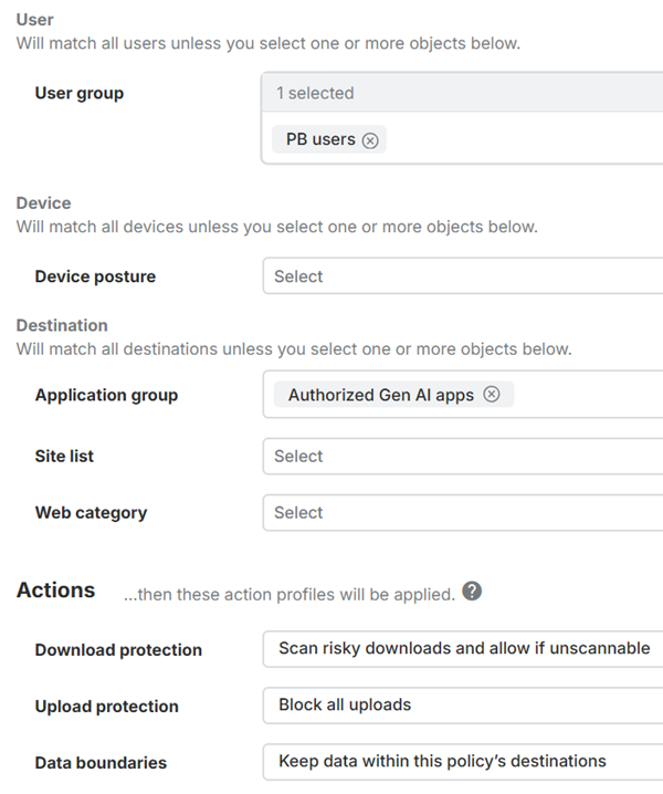 Configuración de políticas web para las aplicaciones de IA generativa autorizadas.