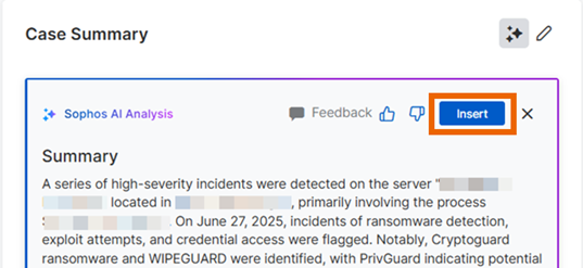 Resumen del caso con el botón Insertar.