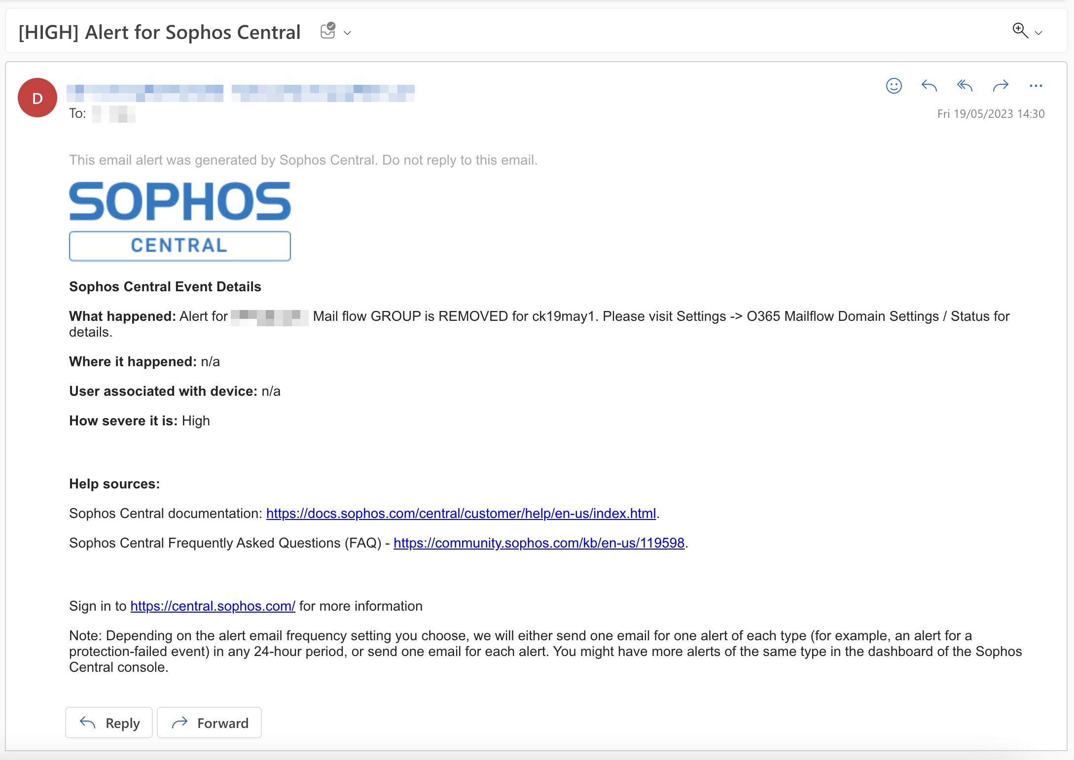 Notificación por correo electrónico de Sophos Mailflow.