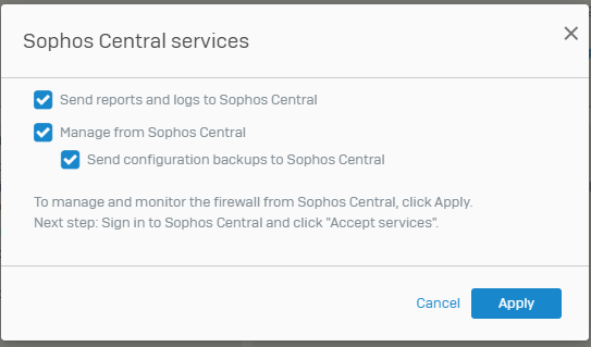 Seleccione los servicios de Sophos Central.