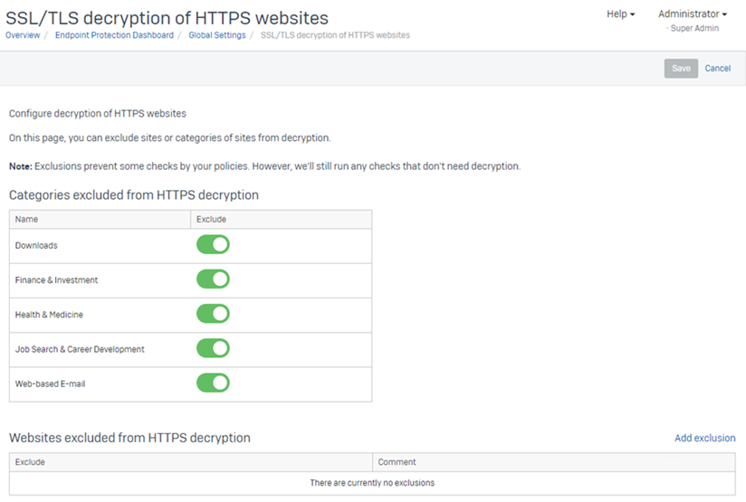 Sección Exclusiones de la página de descifrado SSL/TLS.
