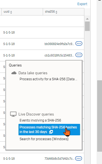 Captura de pantalla de las opciones de consulta axial.