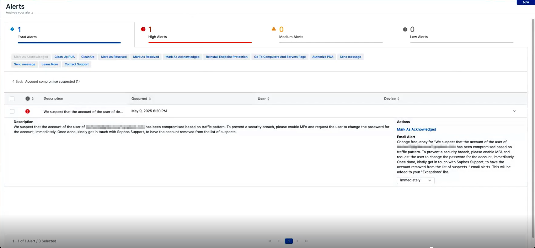 Une alerte est déclenchée en raison d’un compte compromis.
