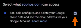 Boîte de dialogue d'autorisation Google pour l'accès à Sophos.