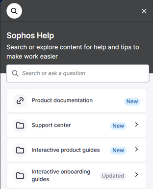 Menu della Guida in linea di Sophos.