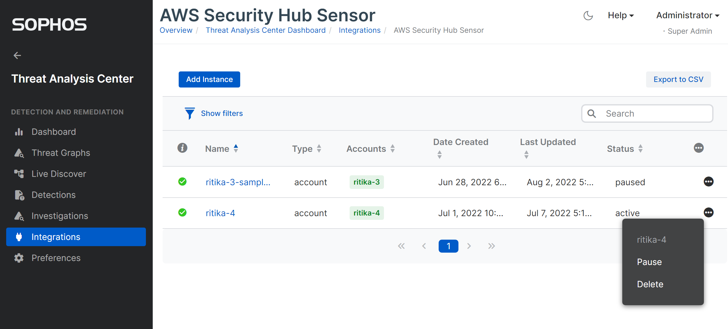 AWS Security Hub 統合の設定メニュー。