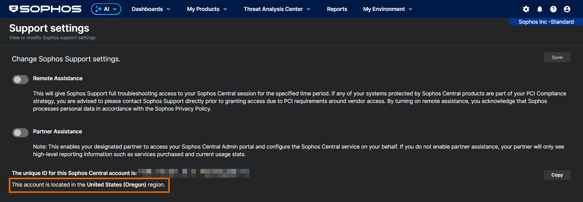 Sophos Central アカウントの地理的地域を示すサポート設定ページ。