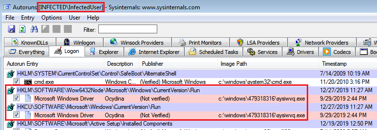 このスクリーンショットは、LNK ワームに感染したユーザーアカウントを示しています。