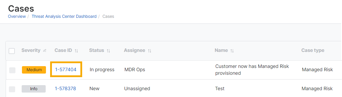 ケースリストのケース ID リンク。