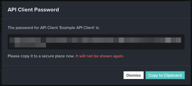 API クライアントパスワードが画面に表示されます。