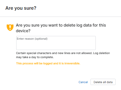 Janela Deletar dados de log.