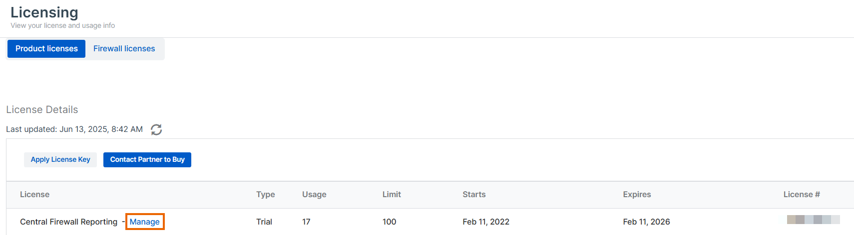 Gerenciar em Licença do Central Firewall Reporting.