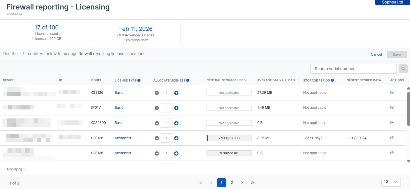 Página de licenciamento do Firewall Reporting.