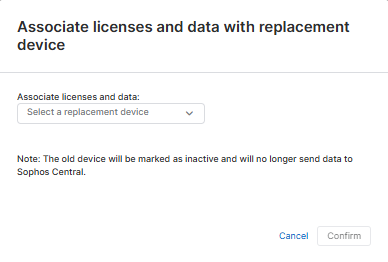 Janela Associar licenças e dados ao dispositivo de substituição.