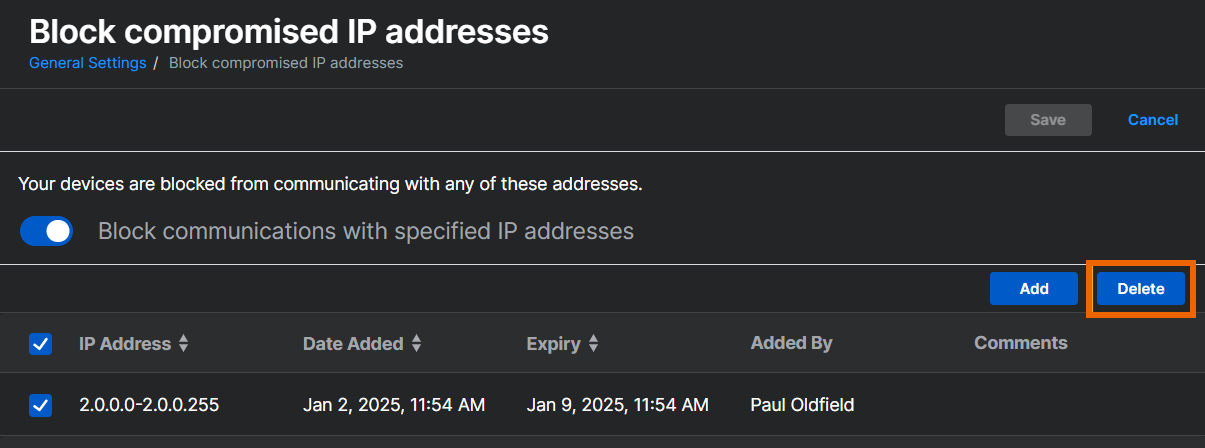 Endereços selecionados para deleção.