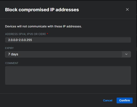 Intervalo de endereço IP inserido com 7 dias de validade.