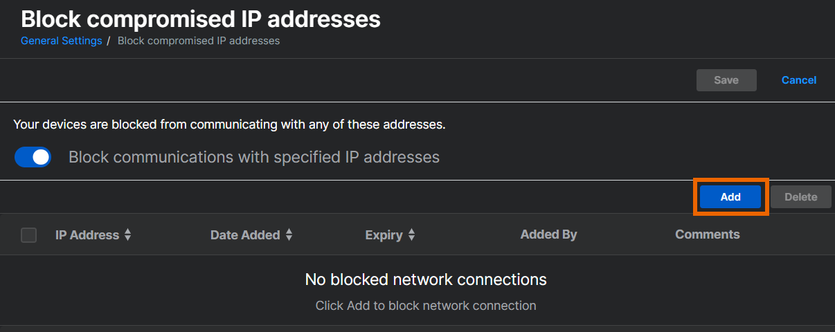 Botão "Adicionar" para adicionar um novo endereço IP.