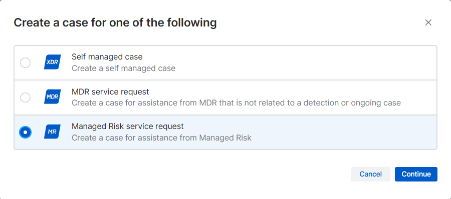 Caixa de diálogo "Criar caso".
