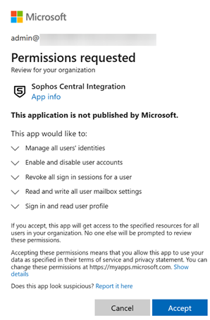 Permissões solicitadas para o aplicativo de integração do Sophos Central.