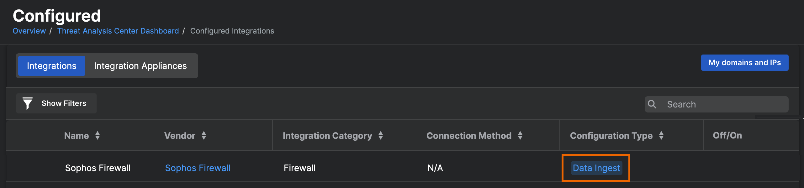 Firewall na lista de integrações.