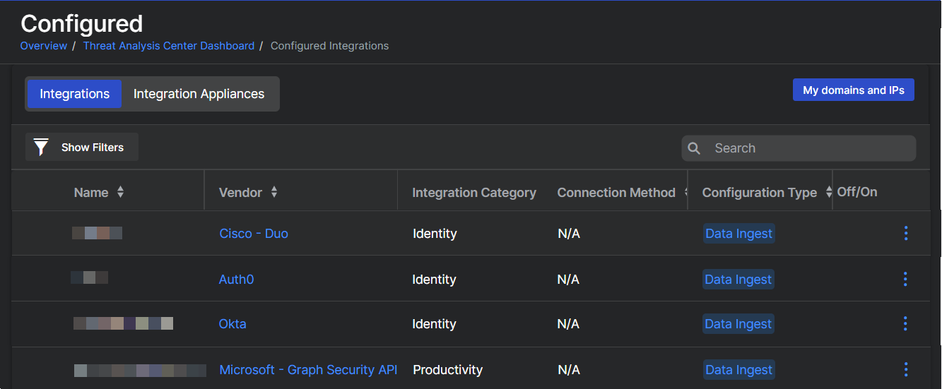 Lista de suas integrações.