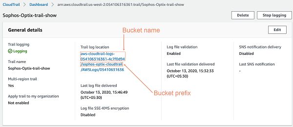 Sections of CloudTrail location to copy for bucket name and prefix.
