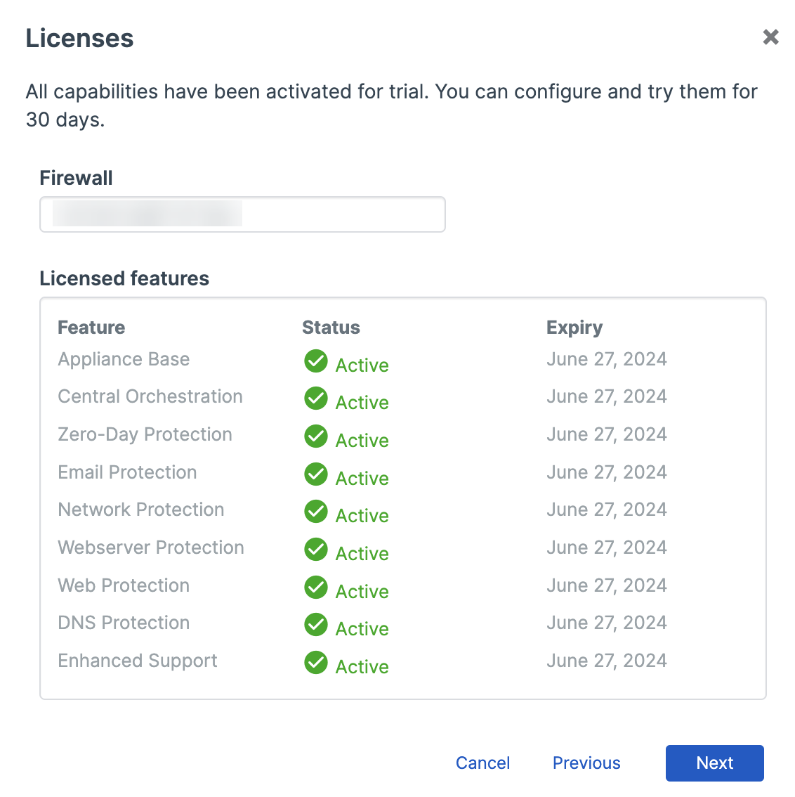 Janela de recursos da licença.
