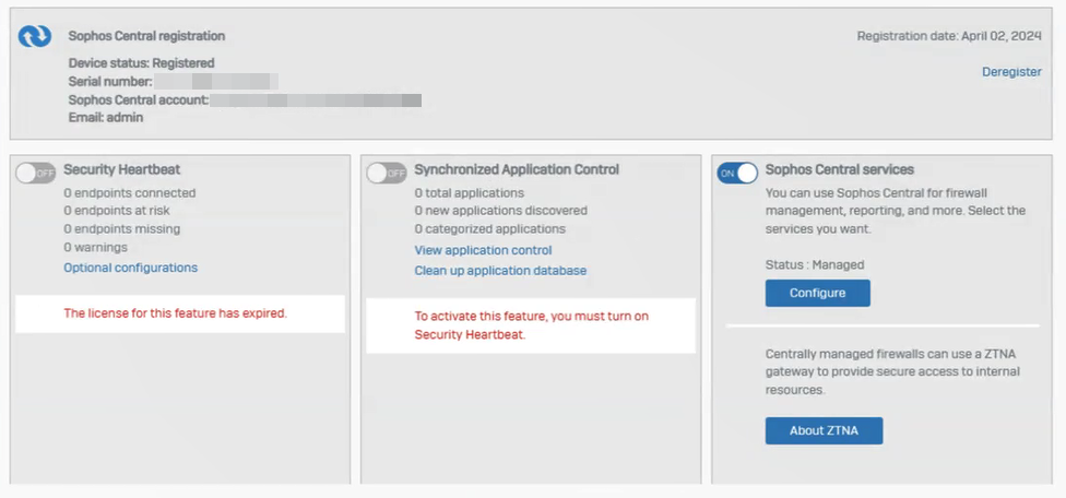 Página do Sophos Central no Sophos Firewall.