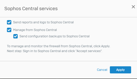 Selecionar serviços do Sophos Central.