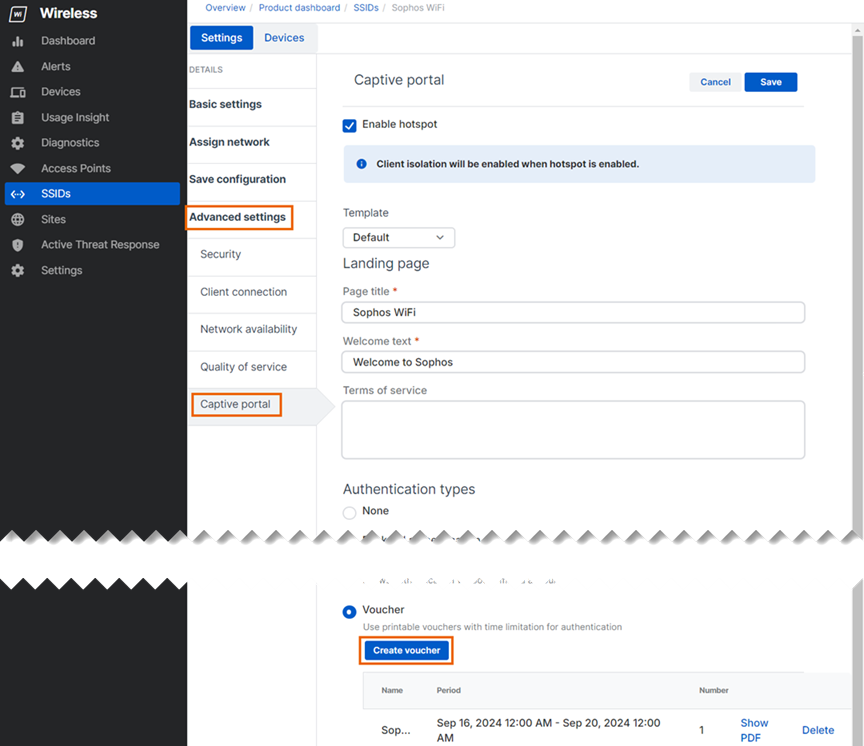 Configurações avançadas, portal cativo.