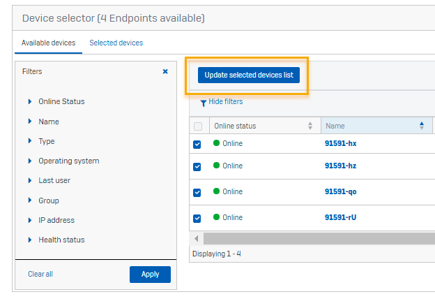 Captura de tela dos dispositivos selecionados.