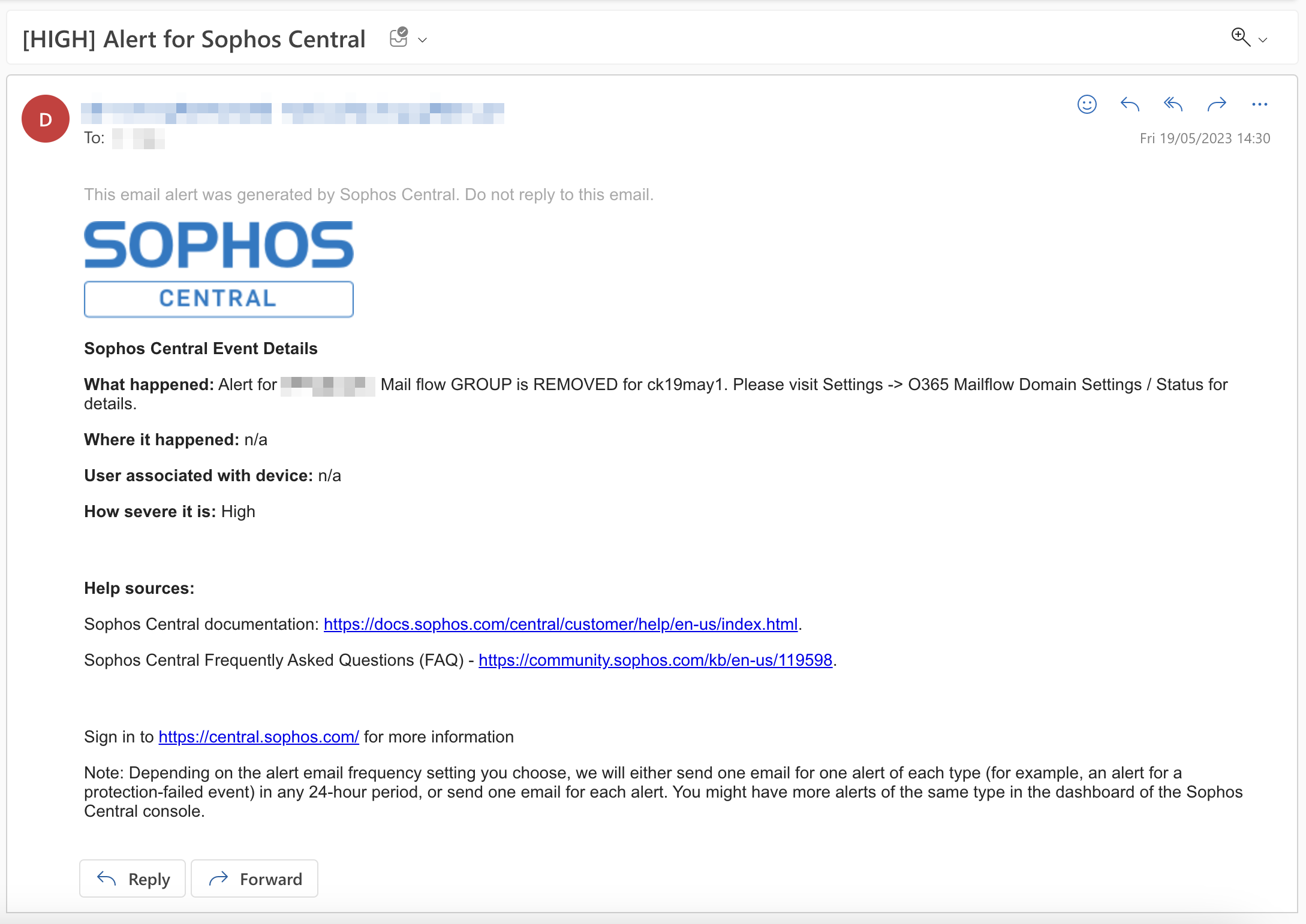 Sophos Mailflow 電子郵件通知。